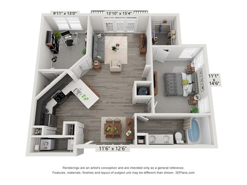 Floor plan for 1 bed, 1 bath, 1057 sqft